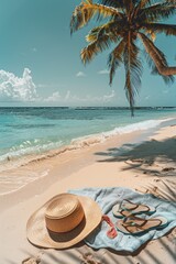 Fototapeta na wymiar A beach scene with a straw hat and flip flops on a blanket