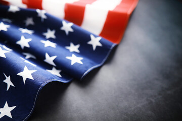 Flapping flag USA with wave. American flag for Memorial Day or 4th of July. Closeup of American...