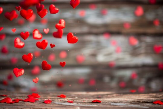 Valentine's day background with red hearts on old wooden background
