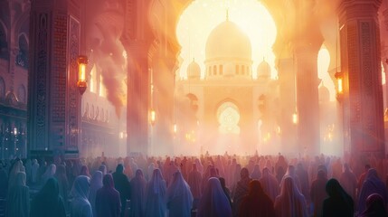 Eid Prayer- Eid Al Adha Mubarak Background with Crowded Mosque and Spiritual Atmosphere