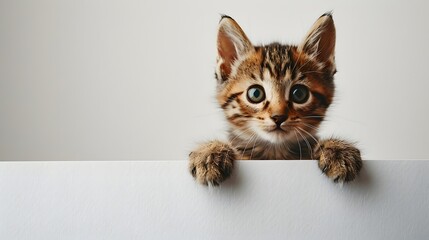 A curious tabby kitten with captivating blue eyes playfully peeks over a white surface, its tiny paws holding onto the edge.