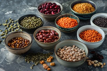 A variety of beans and nuts are displayed in bowls on a counter