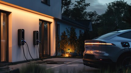 Generic electric vehicle EV hybrid car is being charged from a wallbox on a contemporary modern residential building house. technology of home charging for electric vehicles