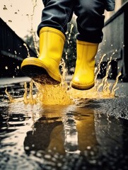 A child is jumping in the rain with yellow rain boots