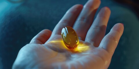 A hand holding a small, yellow pill