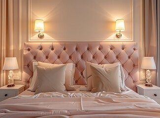 The headboard of the bed is made of pink leather, two lamps on white bedside tables stand next to it and light up with soft warm lighting