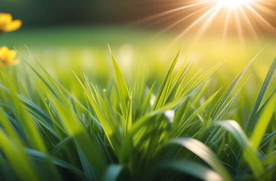 Beautiful bright natural image of fresh grass spring meadow with blurred background, sunlight.