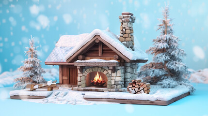 A 3D Max miniature ski lodge, complete with a fireplace and snow-covered roof, set against a crisp ice blue background to evoke a chilly winter scene.