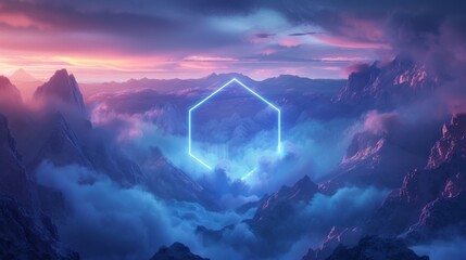 An electric blue neon hexagon, floating in the center of a misty, mountainous terrain under a twilight sky, blending natural majesty with geometric precision.