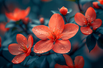 Vivid red flowers with delicate dewdrops