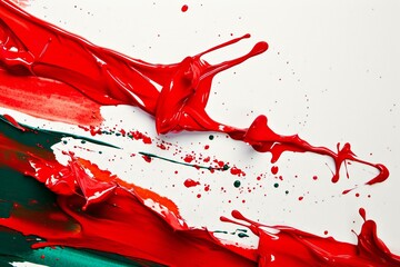 Red and green paint splashes on a white background close-up