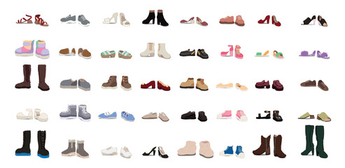 Set of many different shoes for children and adults on white background