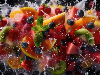 A fruit salad with a splash of water