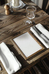 A wooden table with a white napkin and a glass of water