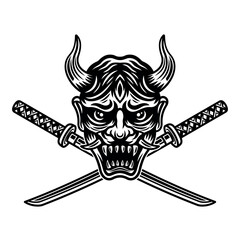 Oni mask and two crossed katanas vector illustration in monochrome style isolated on white background
