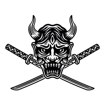 Oni mask and two crossed katanas vector illustration in monochrome style isolated on white background