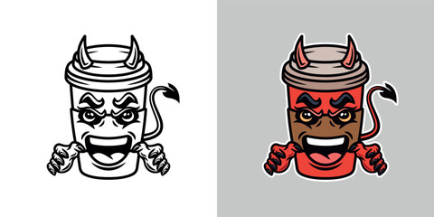 Devil coffee paper cup cartoon character vector illustration in two styles black on white and colored