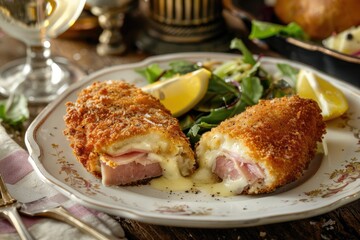 Breaded cutlet stuffed with ham and cheese, sliced in half to reveal the melty interior, on a fine porcelain plate.