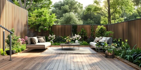 Beautiful of modern terrace with deck flooring and fence, green potted flowers plants and outdoors furniture.