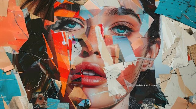 Generative AI picture Abstract modern art collage portrait of young woman man Trendy paper collage composition