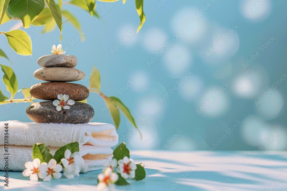 Poster a stack of rocks on top of a towel in front of a tree