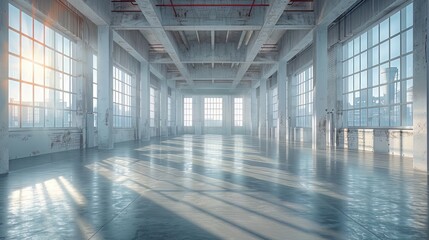 Empty, modern industrial space. This image highlights the elegance of minimalist design in contemporary industrial facilities, ready for new opportunities and transformations