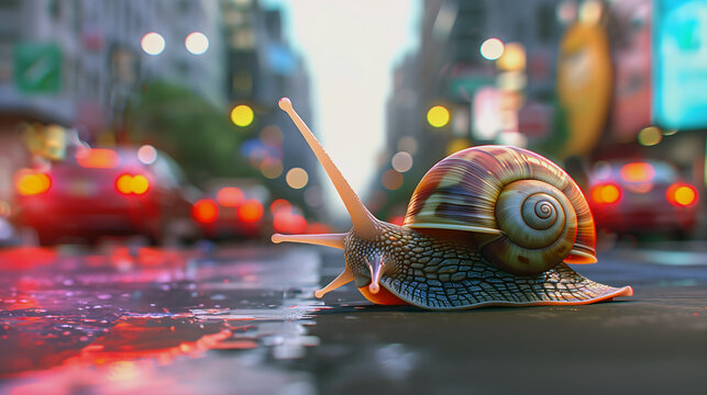 Snail crossing the road in slow traffic on wet day in the city
