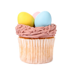 Tasty decorated Easter cupcake isolated on white