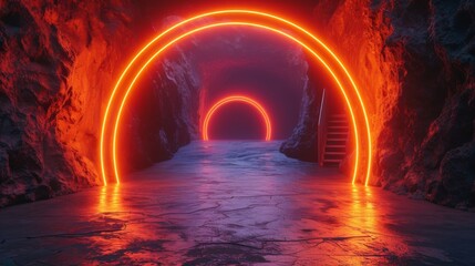 Bright orange neon arcs, framing the entrance of a dark cave, blending the mystery of nature with...