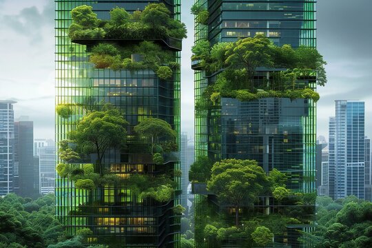 Green cityscape with skyscrapers and trees