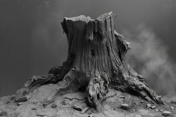 A large tree stump sits on a rocky surface - obrazy, fototapety, plakaty