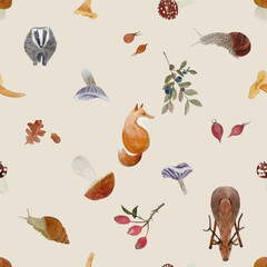 Wild animals and mushrooms watercolor seamless pattern on beige.