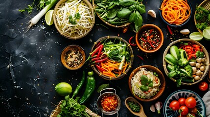 An overhead shot of a diverse arrangement of vibrant vegetables, herbs, and spices on a dark textured surface, set for a cooking session.