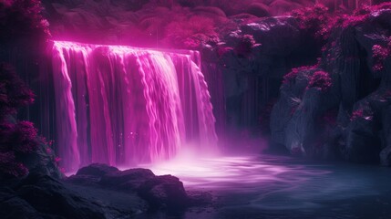 Cascading magenta neon waterfalls, flowing alongside actual waterfalls in a dark, rocky terrain, merging the raw power of nature with human innovation.