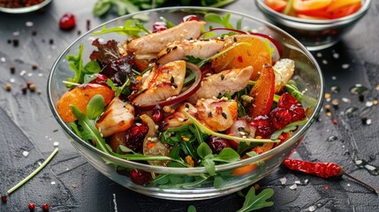 Glass bowl filled with mixed salad on which chunks of chicken and dried fruit fall. - obrazy, fototapety, plakaty