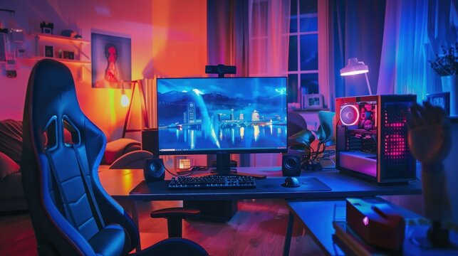 Gaming computer on desk in video gamer room with neon lights. Gaming PC monitor with abstract interface of computer game. Workstation of gaming streamer on table. Work station with neon cooler. Esport