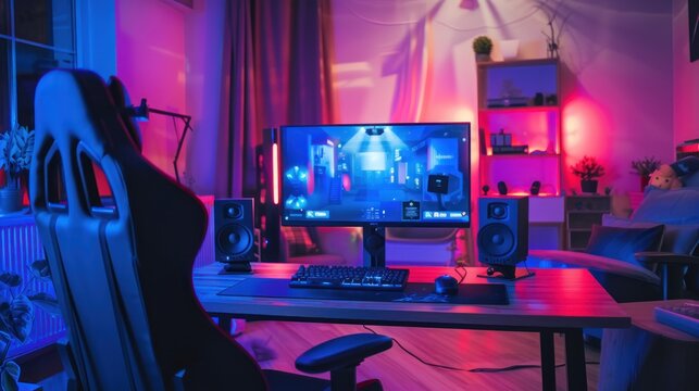 Gaming computer on desk in video gamer room with neon lights. Gaming PC monitor with abstract interface of computer game. Workstation of gaming streamer on table. Work station with neon cooler. Esport