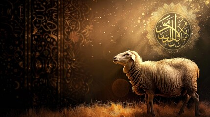 A sheep stands in front of a mosque for Eid al-Adha. It is very realistic.