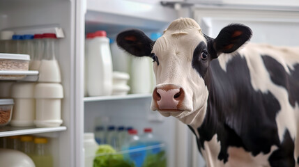 Cow close-up with open fridge full of milk and dairy