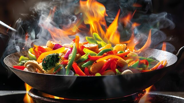 Dynamic image capturing the intense flames engulfing a stir-fry of colorful vegetables in a wok, creating a dramatic cooking moment.