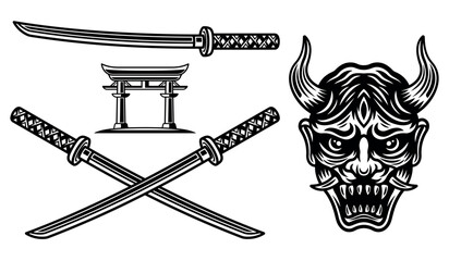 Samurai set of vector objects or design elements isolated on white background