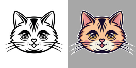 Cat head cartoon character vector illustration in two styles, black on white and colored style on grey background