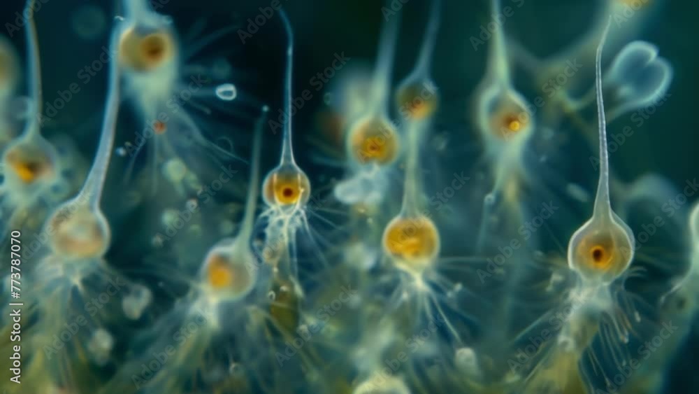 Poster a microscopic view of a colony of rotifers with their distinct heads and tails giving the appearance