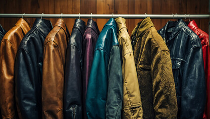 Various vintage jackets on a clothing rack in a second hand shop. AI generated