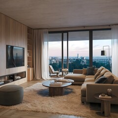 beautiful modern living room design by a architect in a apartment with view on the city 