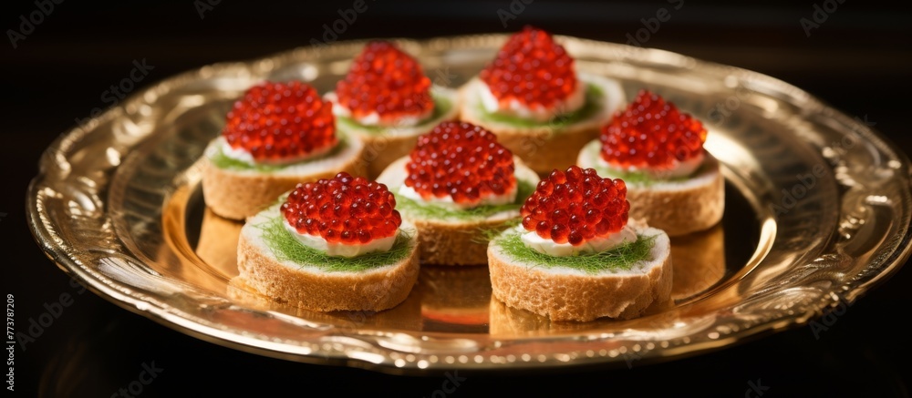 Wall mural Close-up of a plate with delicious red caviar served as a culinary delicacy