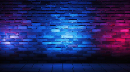 A 3d illustration of brick wall room with blue, red, purple and pink neon lights on wooden floor. Dark background with smoke and bright highlights, night view. Studio shot mockup design
