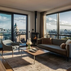 beautiful modern living room design by a architect in a apartment with view on the city 