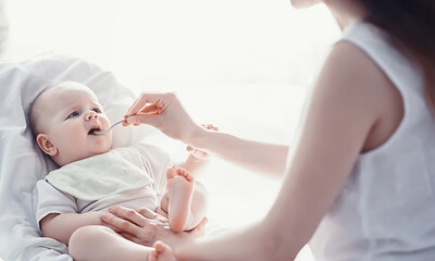 Maternity concept. A young mother feeds her little baby. First lure and breastfeeding. Family in...