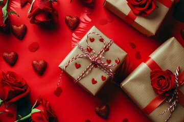 Valentine's day background,  Red roses and gift boxes on red background